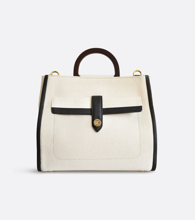 Sac à main en toile de coton italien bio et cuir de pomme blanc et noir