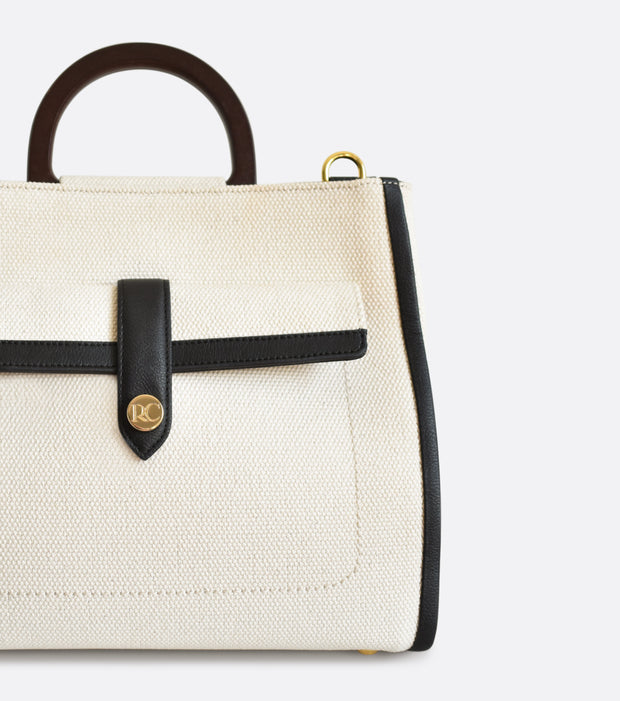 Sac à main en toile de coton italien bio et cuir de pomme blanc et noir