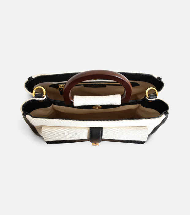 Sac à main en toile de coton italien bio et cuir de pomme blanc et noir